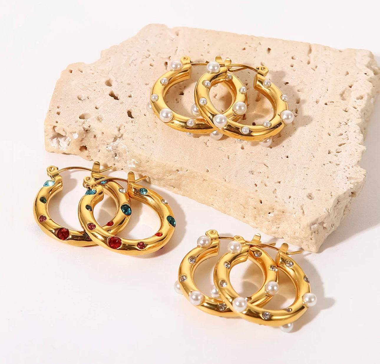 Ornate Pearl and Gemstone Hoop Earrings