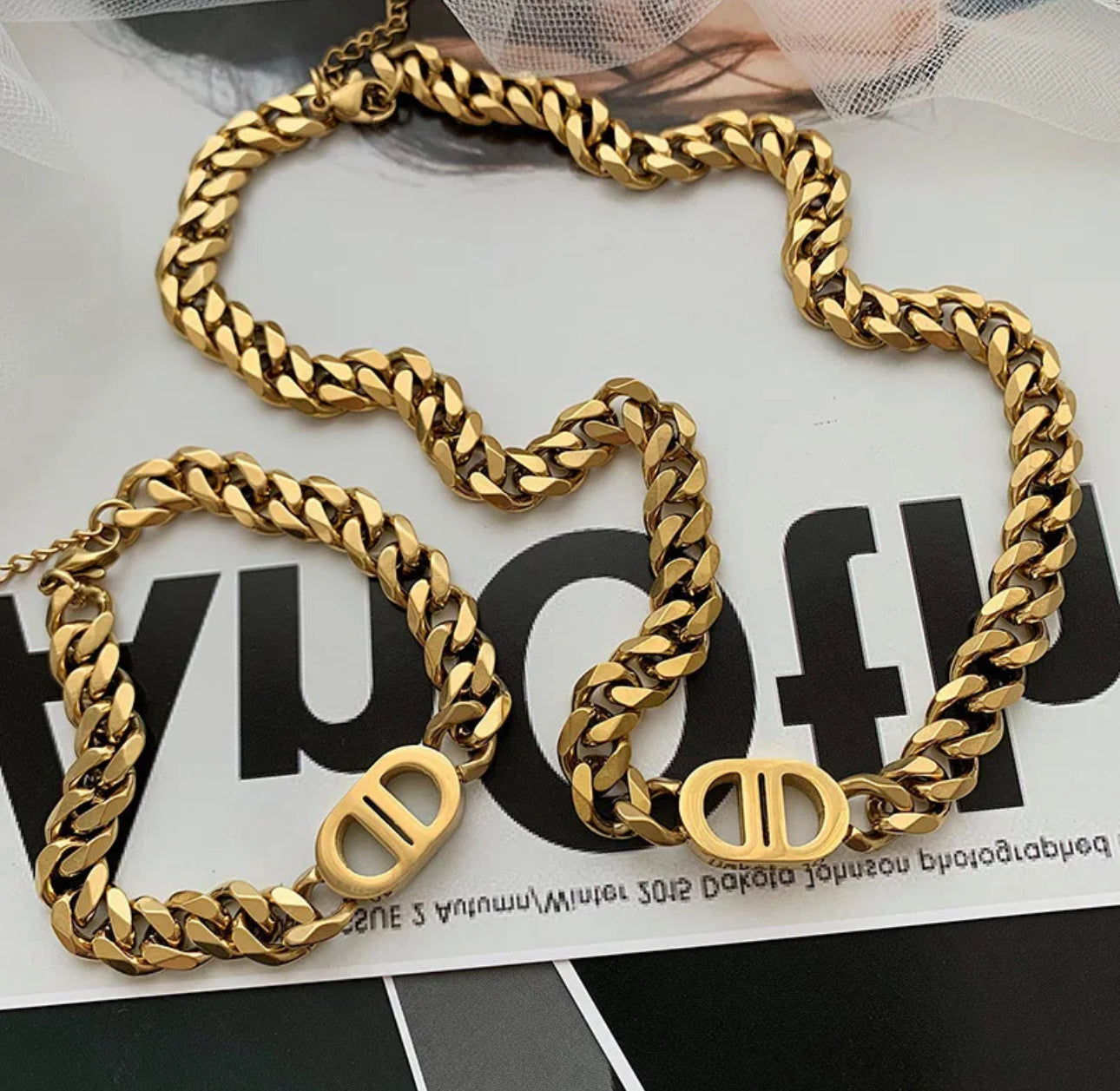 Chunky Double D Cuban Link Stainless Steel Necklace Set