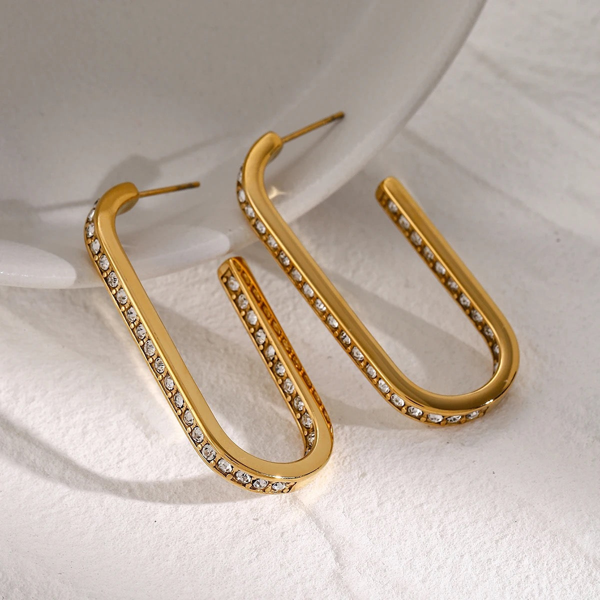 Vega Arc Sleek Gold Hoops with Crystal Accents