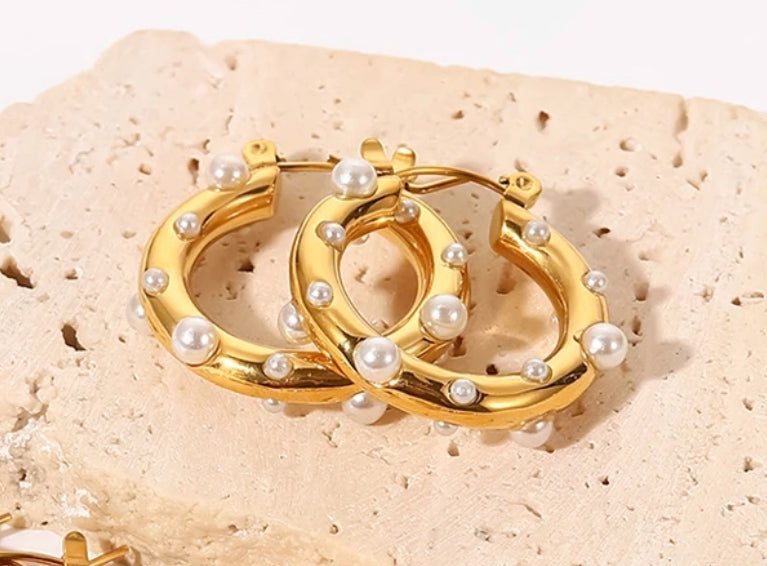 Ornate Pearl and Gemstone Hoop Earrings