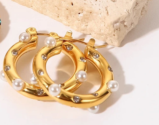 Ornate Pearl and Gemstone Hoop Earrings