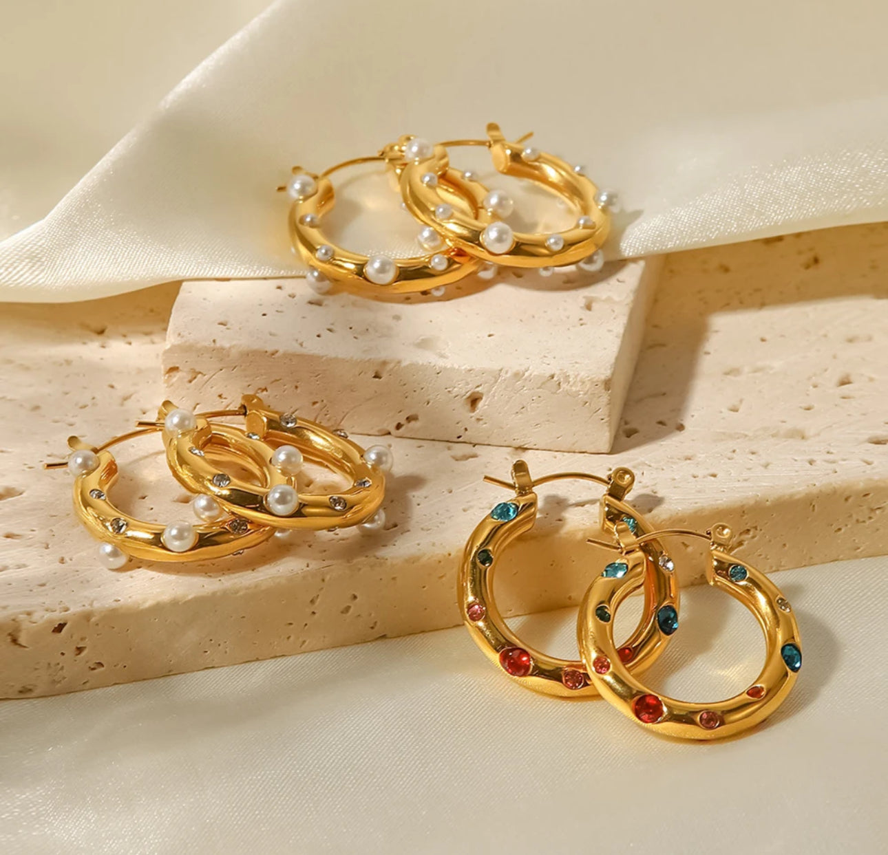 Ornate Pearl and Gemstone Hoop Earrings