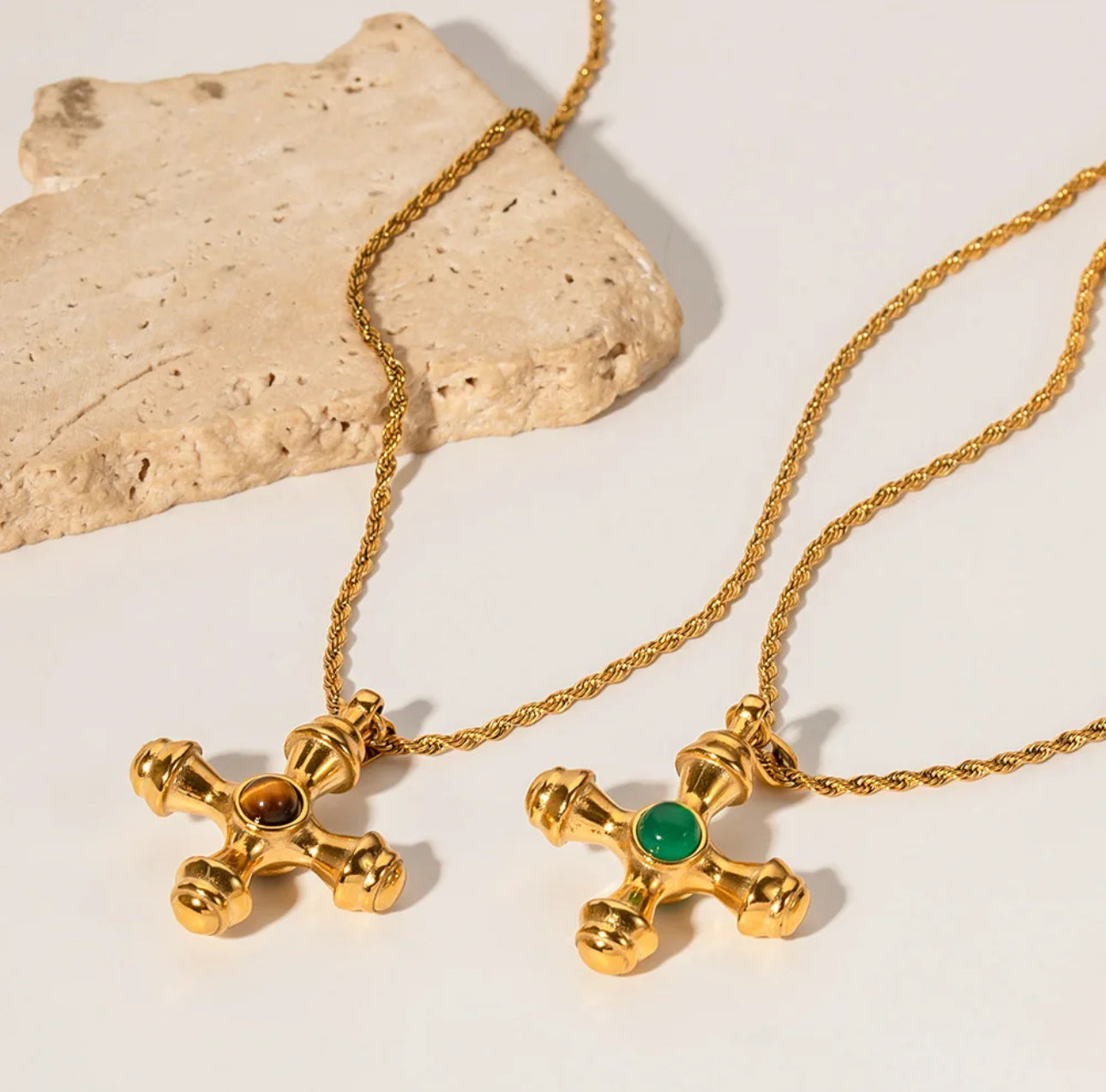 Regal Cross Pendant Necklace - Emerald or Tiger's Eye