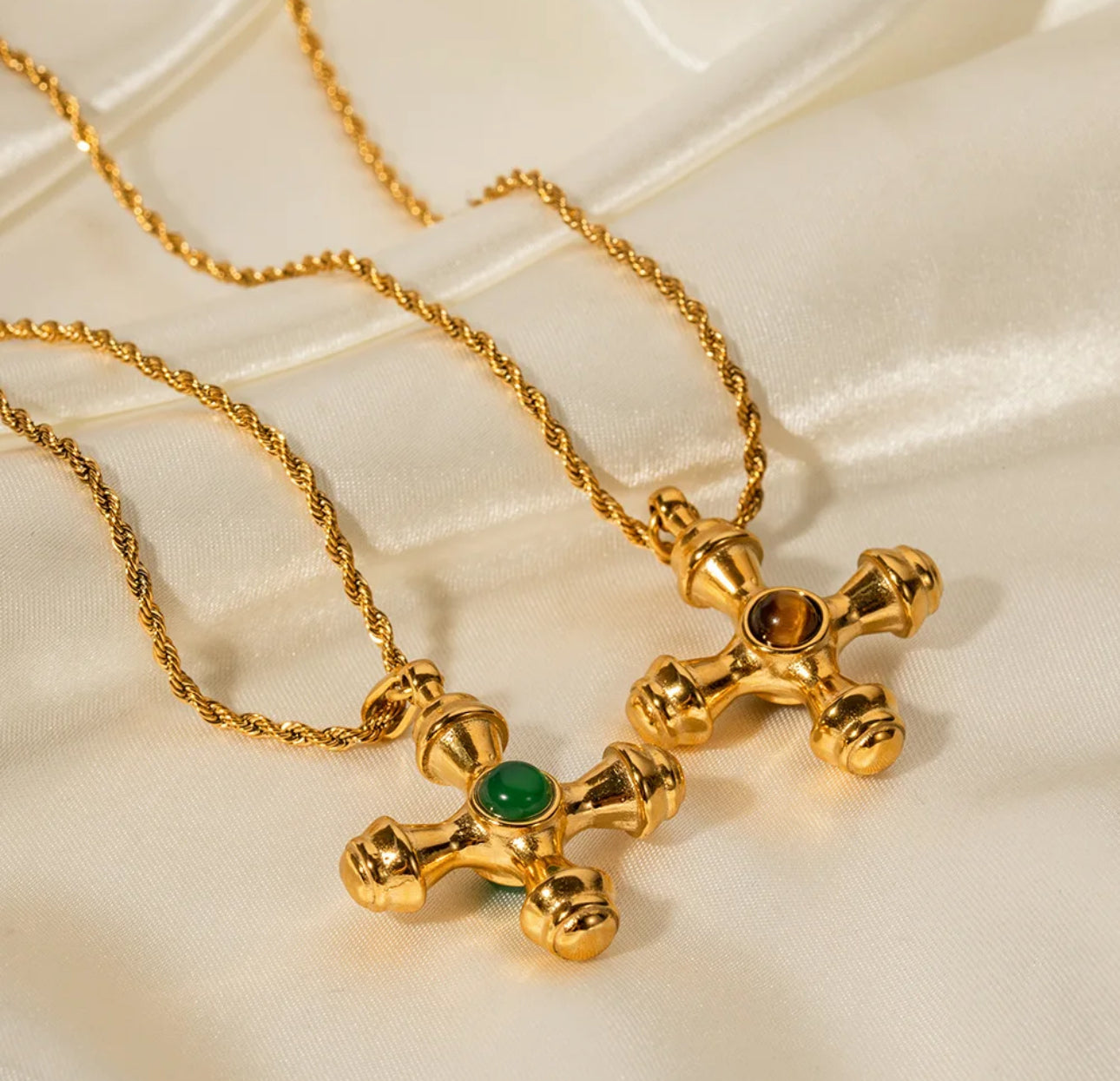 Regal Cross Pendant Necklace - Emerald or Tiger's Eye