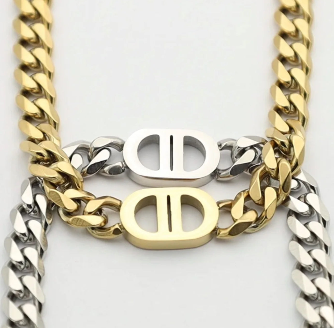 Chunky Double D Cuban Link Stainless Steel Necklace Set